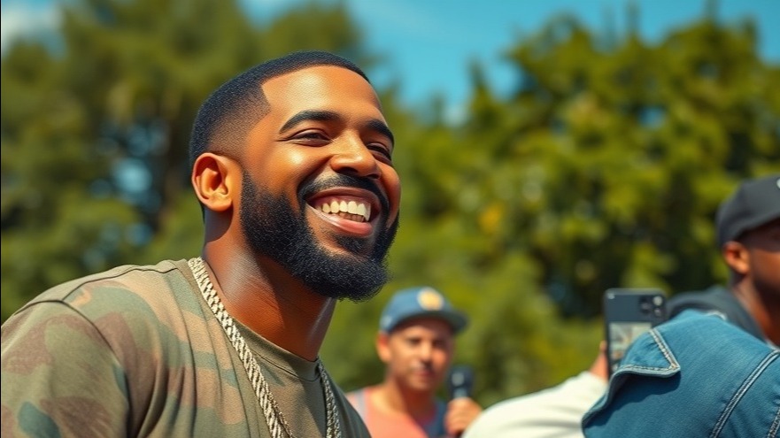 Drake smiling outdoors, capturing the essence of hip-hop rivalry with vibrant colors.