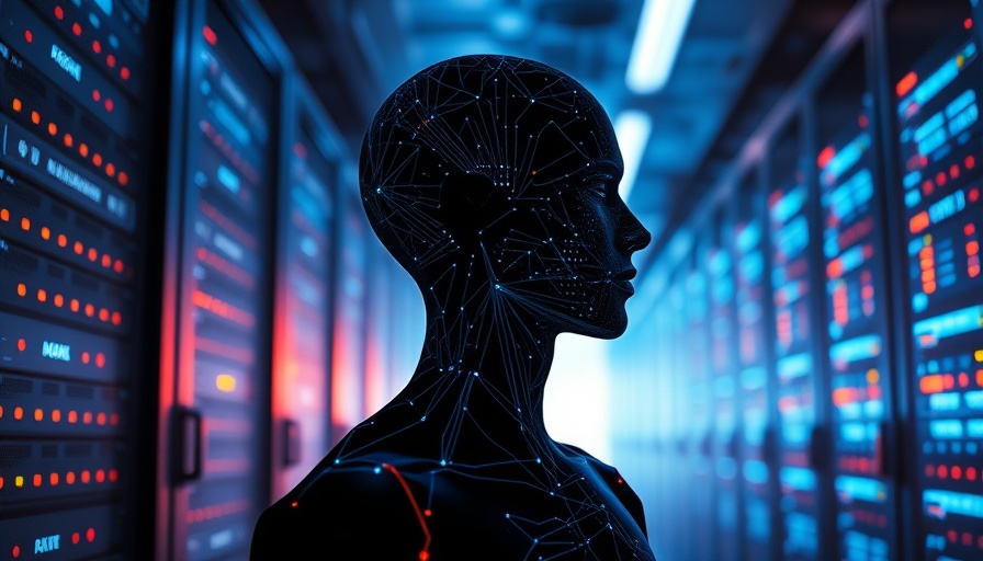 Futuristic AI silhouette in glowing data center