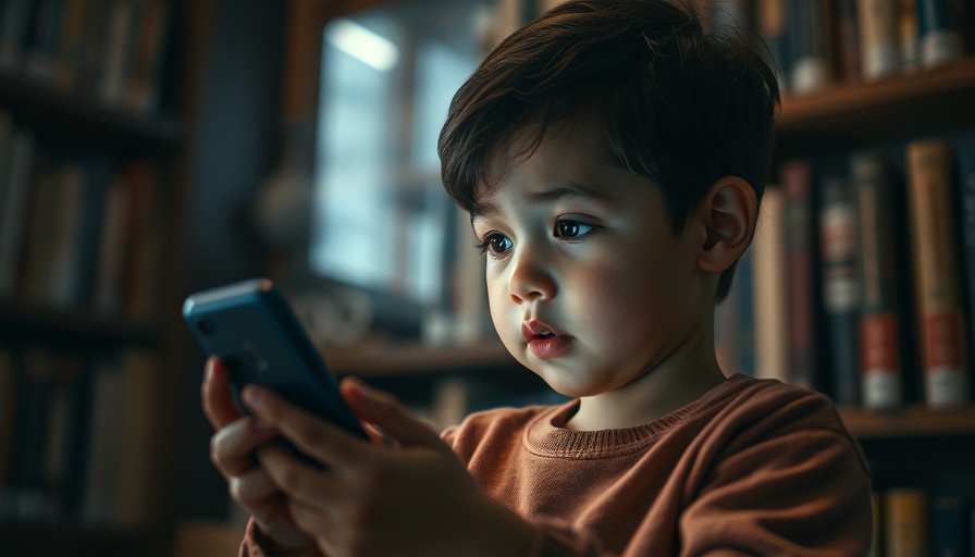 Engaged child looking at phone, cozy book background.