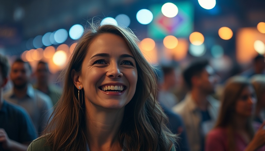 Smiling woman at event, joyful expression, blurred background.