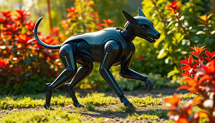 Futuristic robotic dog exploring a garden in warm sunlight.