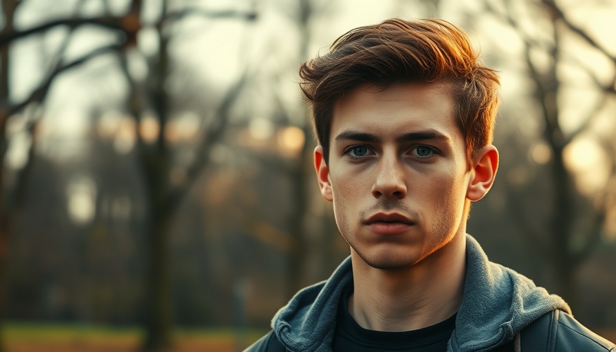 Determined young man outdoors in a park, soft warm lighting.