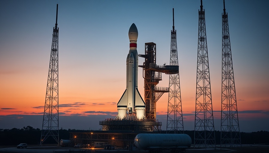 Rocket on launch pad at twilight with satellite tower.