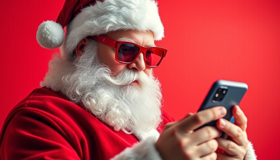Santa uses smartphone, embodying modern brand purpose concepts.