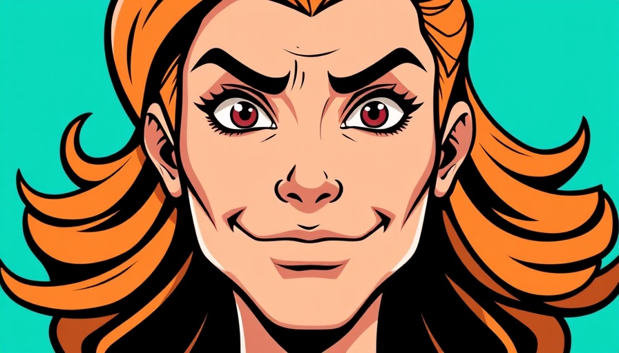 Stylized portrait on turquoise background, bold outline illustration.