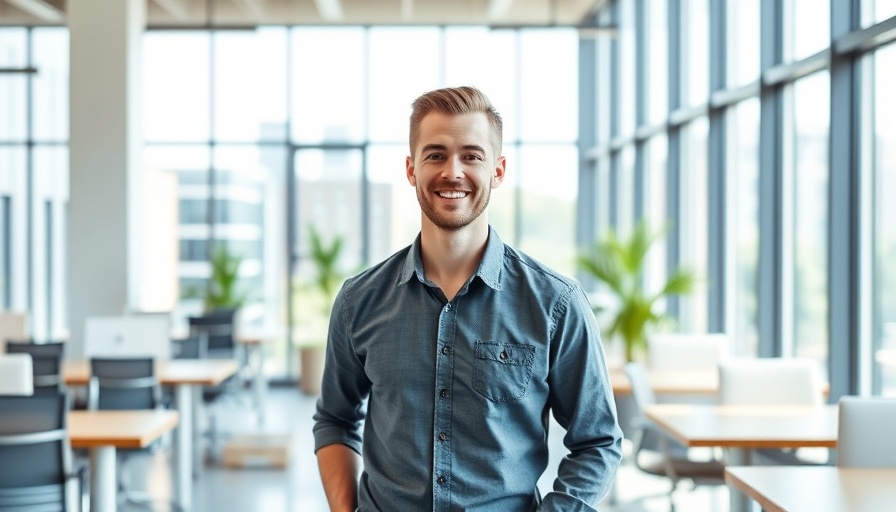 Casual young man smiling in modern office, AI game development context.