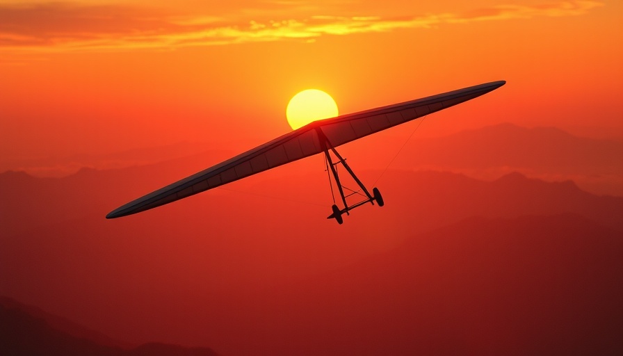 Hang glider silhouette against vibrant sunset over mountains.