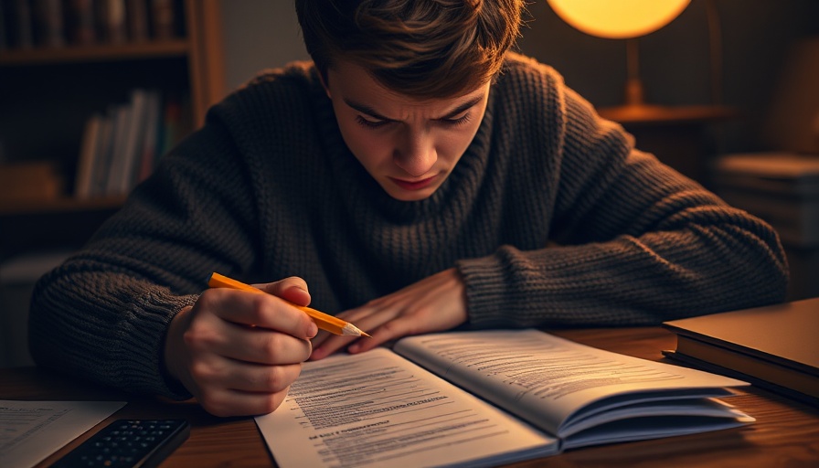 Frustrated student breaking pencil over college application.