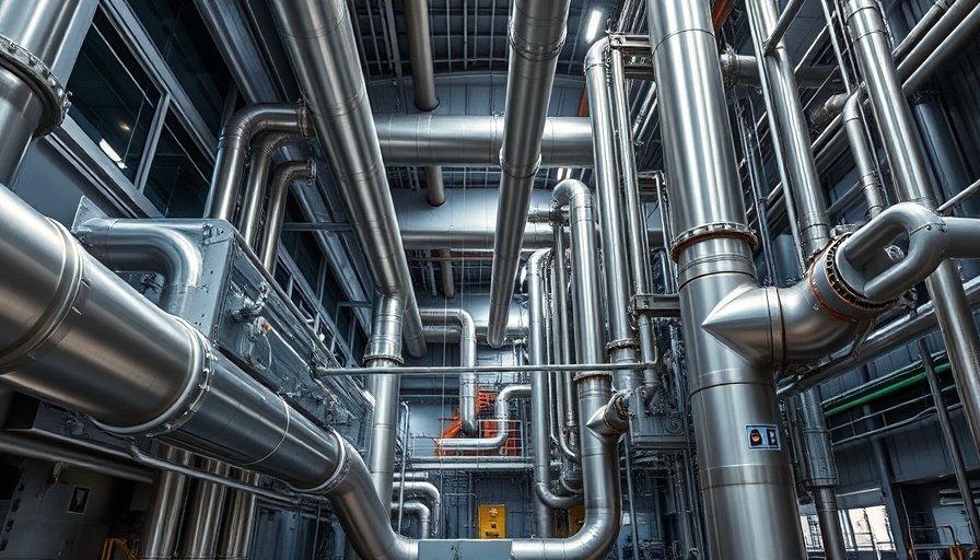 Industrial pipes in a modern facility representing sustainable agriculture technology.