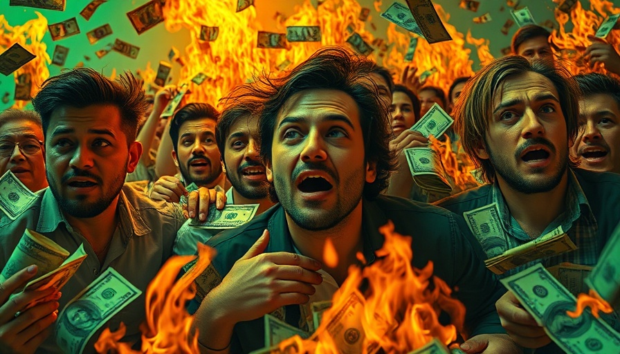 Surreal illustration of OpenAI financial struggles with money and flames.