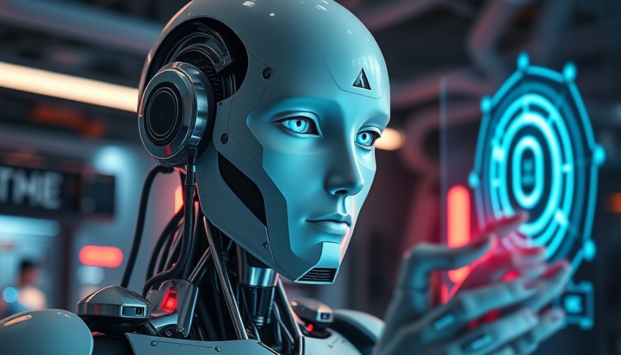 Futuristic AI robotics training with a holographic interface in a lab.
