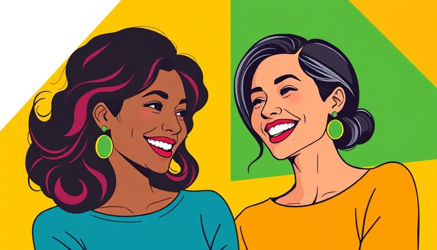 Stylized illustration of two women discussing AI language translation.