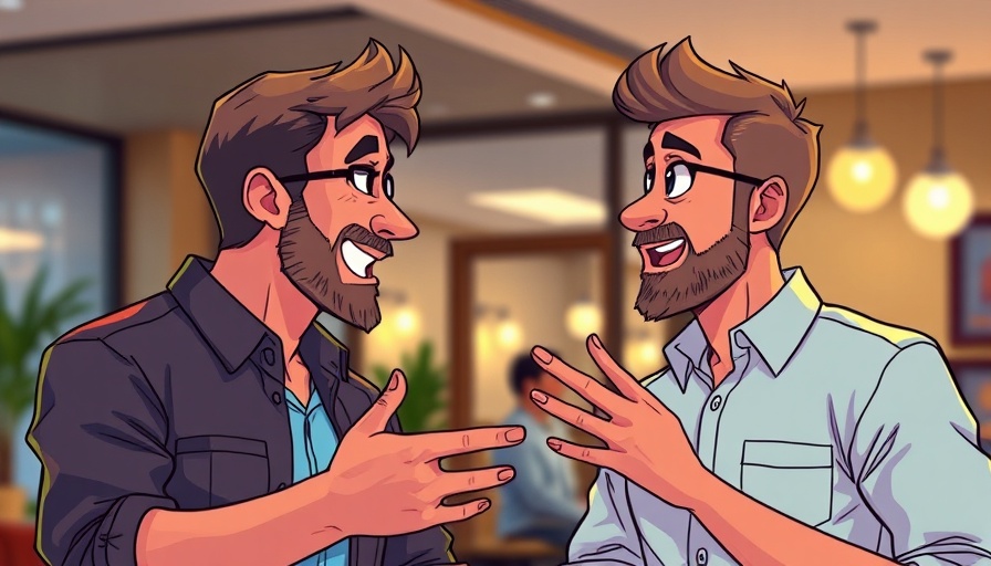 Animated discussion between two men, colorful overlay on vibrant image.