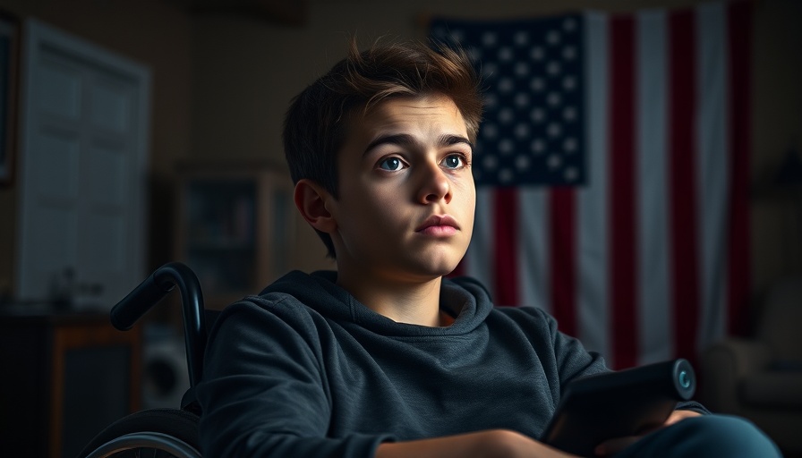 Young man in wheelchair with assistive device, Neuralink technology concept.