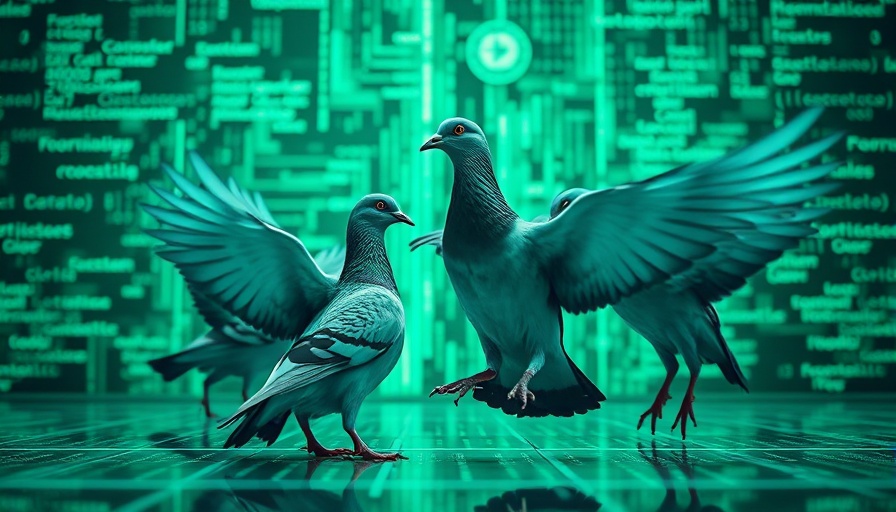 Surreal AI coding design with pigeons and digital codes.
