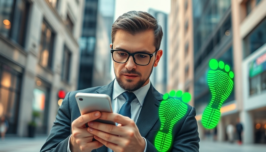 Business professional with phone, AI assistants concept, urban backdrop.