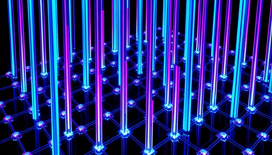 Futuristic 3D grid representing FACTS Grounding with neon colors.