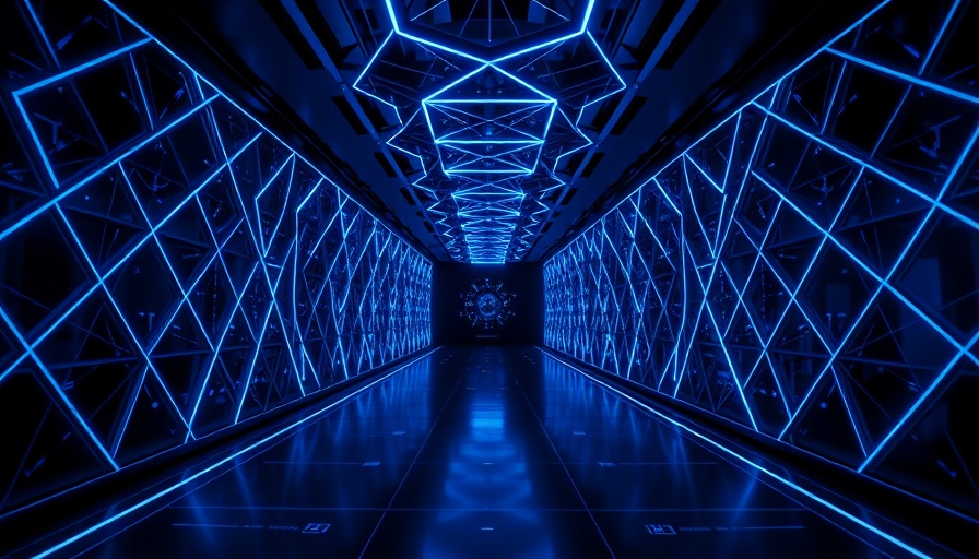 Futuristic Gemini 2.0 digital corridor with blue geometric patterns.
