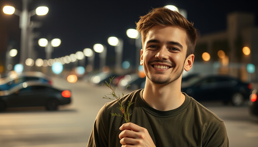 Young man smiling in parking lot with plant, nighttime scene.
