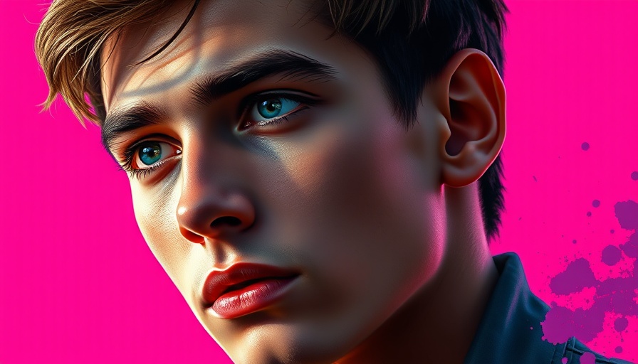 Stylized portrait of a young man with abstract art on magenta background.