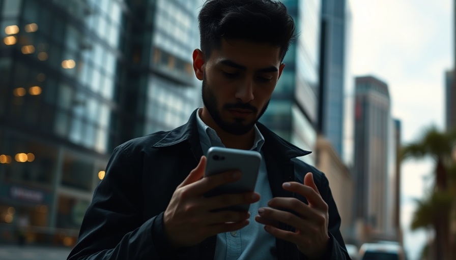 Person using DeepSeek Database app on smartphone in city setting.