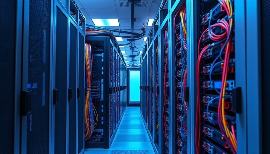 Quantum computing server racks with colorful cables in blue-lit room.