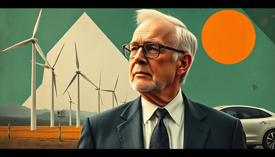 Abstract image of climate technology with wind turbines and a car.