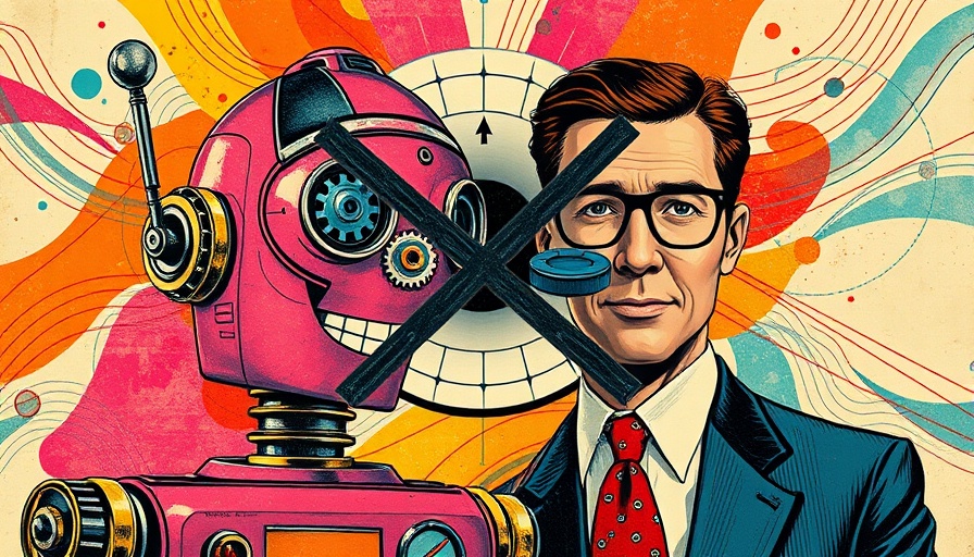 Colorful collage of AI robot and businessman with gears.
