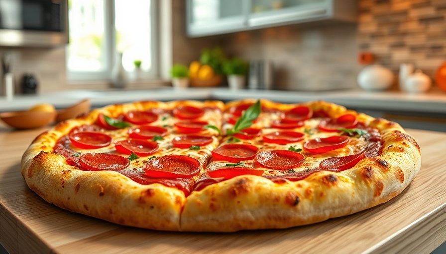 Freshly baked pepperoni pizza being sliced with review request overlay.