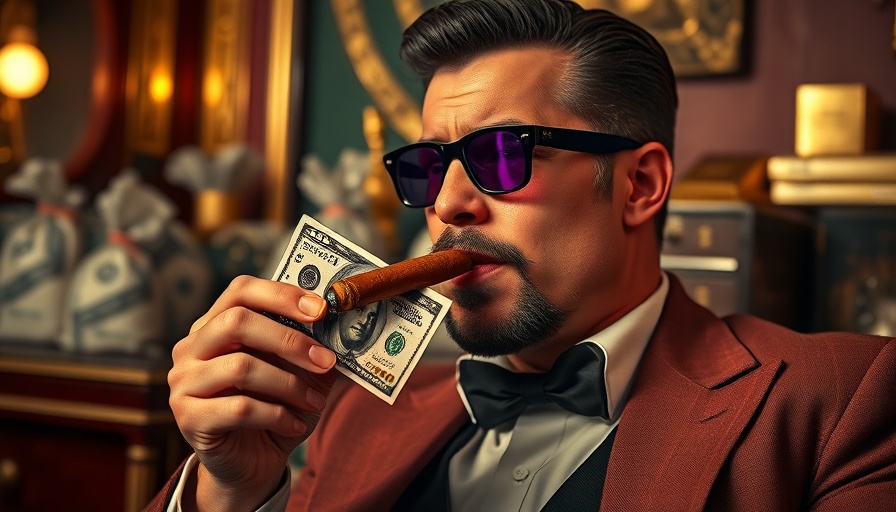 Flamboyant man in retro style lights cigar with money, suggesting AI startup fraud.