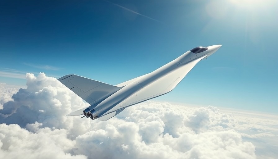 Sleek supersonic plane flying over clouds in clear blue sky.