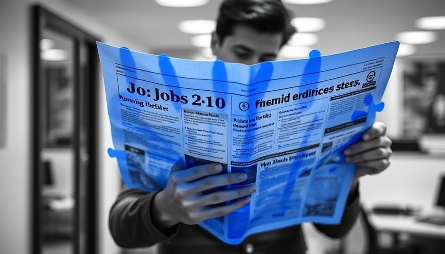 Monochrome newspaper reader with blue puzzle overlay in conceptual art.