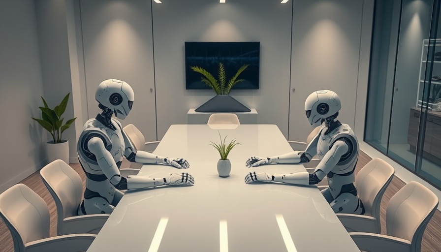 AI job application scene with robots and humans in a modern office.