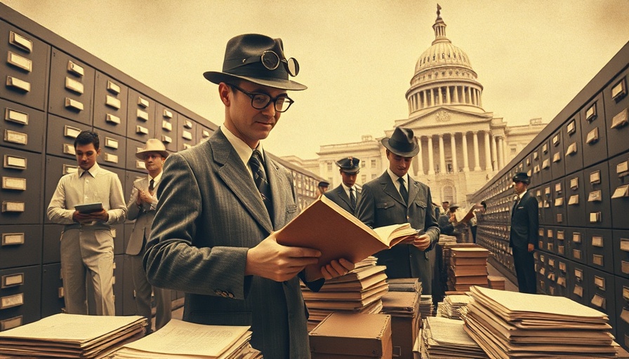 Vintage collage of archivists organizing government files