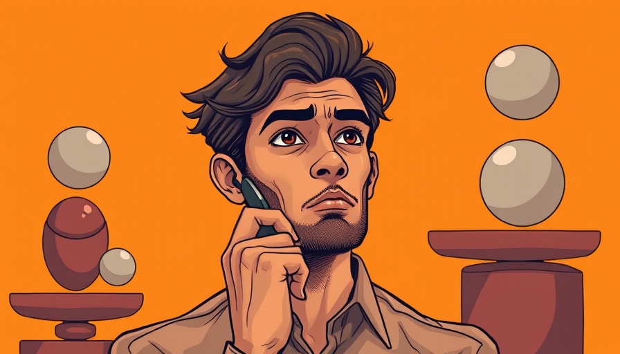 Illustrated person discussing AI inequality on orange backdrop with spheres.