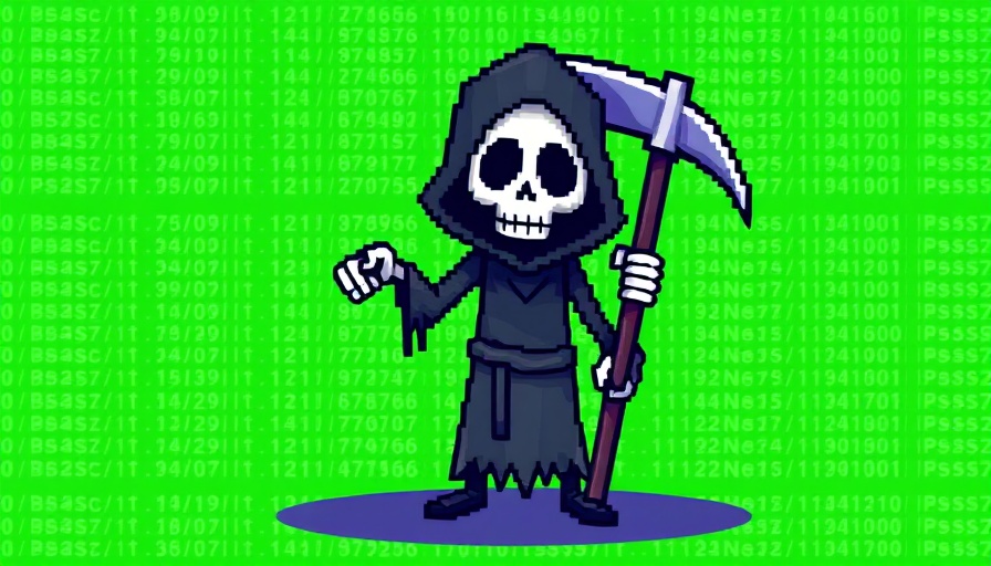 Pixelated grim reaper with scythe on green background, symbolizing tech.