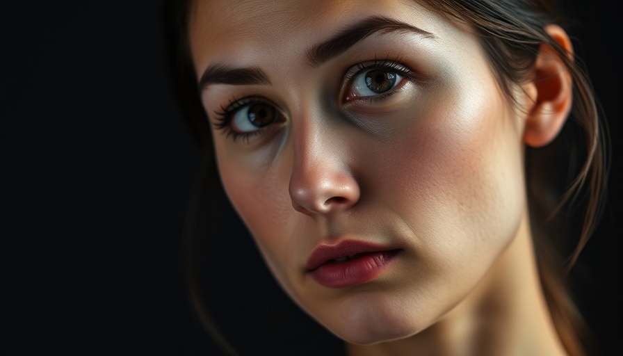 Thoughtful woman with serene expression on black background.