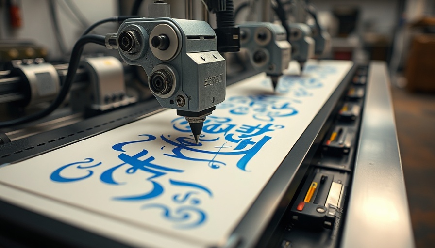 Calligraphy bot drawing intricate blue patterns in a workshop.
