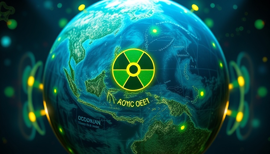 Stylized globe depicting radioactive anomaly in Pacific Ocean with atomic design.
