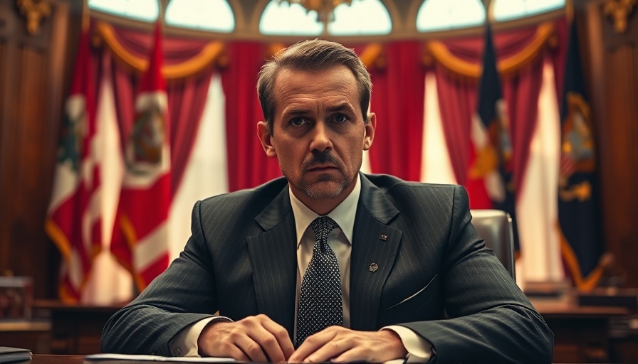 Vivid toned man at desk, expressing uncertainty, in cinematic setting linked to Truth Social financial performance.