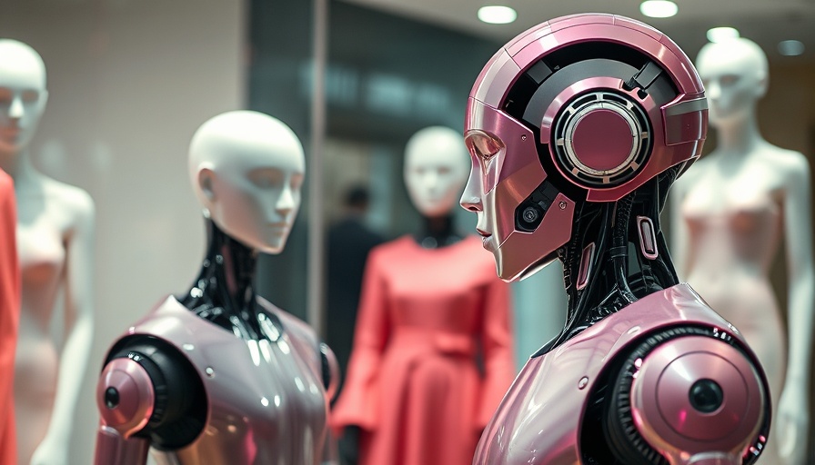 AI robot evaluating fashion display, highlighting AI's role in consumer purchasing decisions.