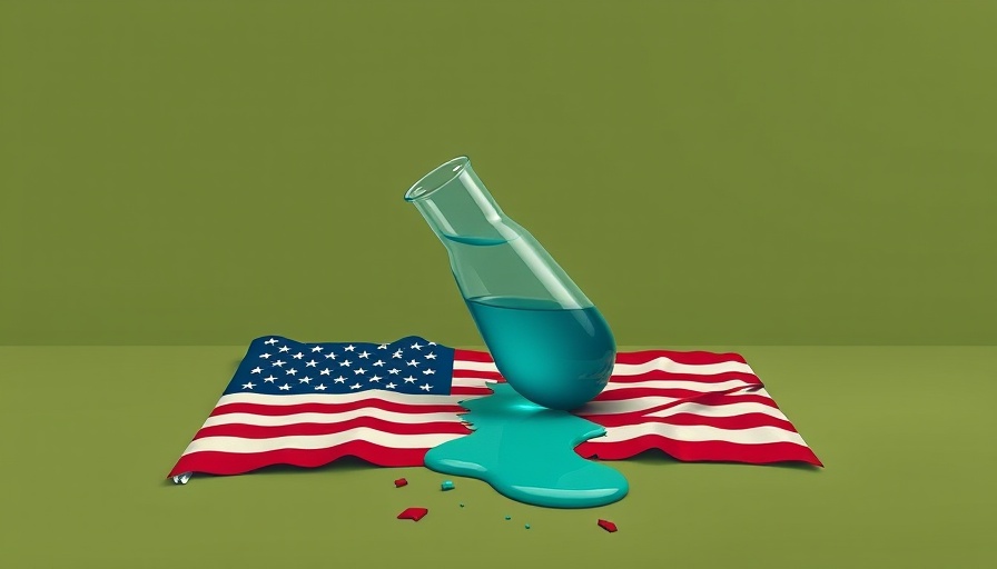 Conceptual art of broken flask and US flag, symbolic of science leadership and reproductive care cuts.