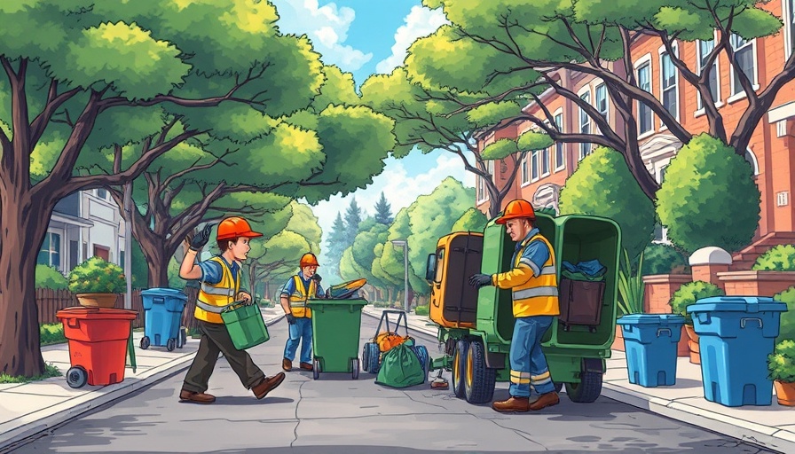 Colorful illustration of sanitation workers collecting trash in a neighborhood.