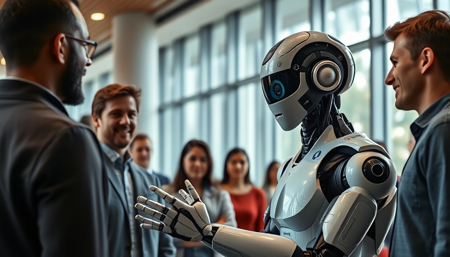 Humanoid robot interacting with people in modern bank environment