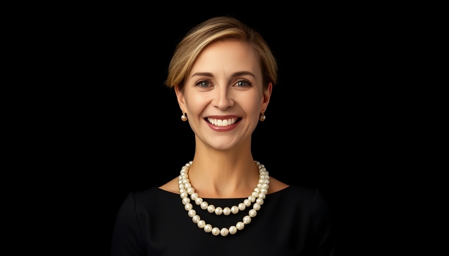 Portrait of a smiling woman in a black dress and pearls.