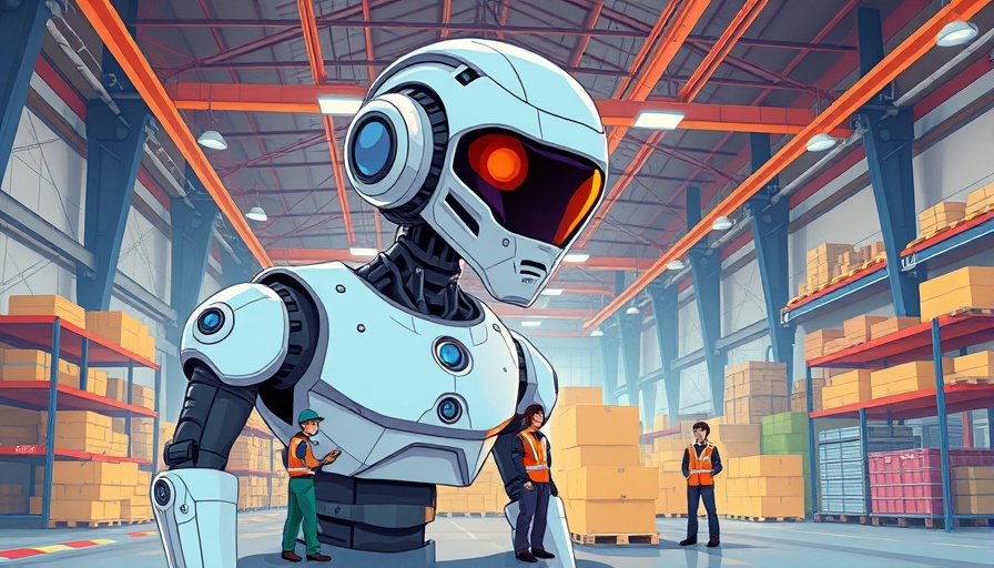 AI robot assisting workers in a warehouse, cartoon illustration.