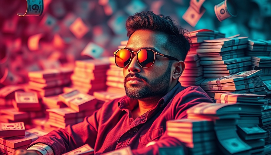 Collage image with stacks of money and unidentified man in sunglasses, symbolizing financial concepts.