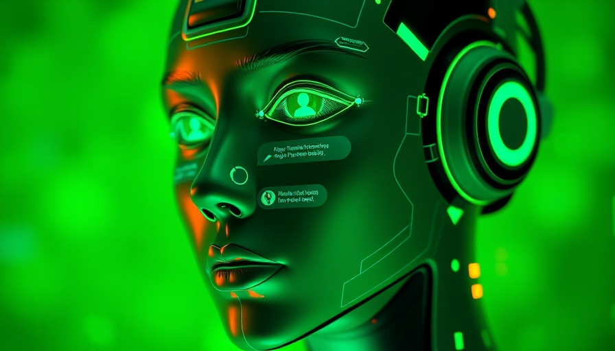 Futuristic digital interface on humanoid face with chat option.