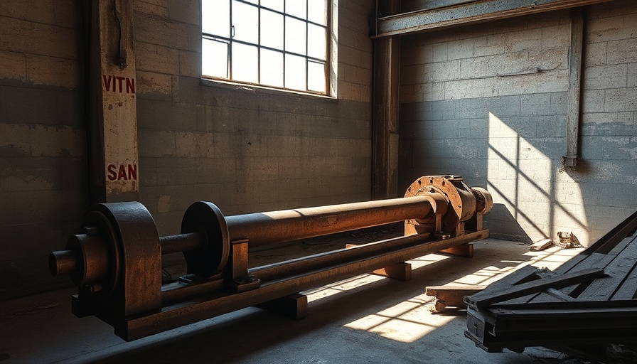 Rusty lathe in an abandoned industrial warehouse with sunlit windows.
