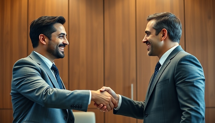 Two businessmen shaking hands in a formal setting, representing business agreement.
